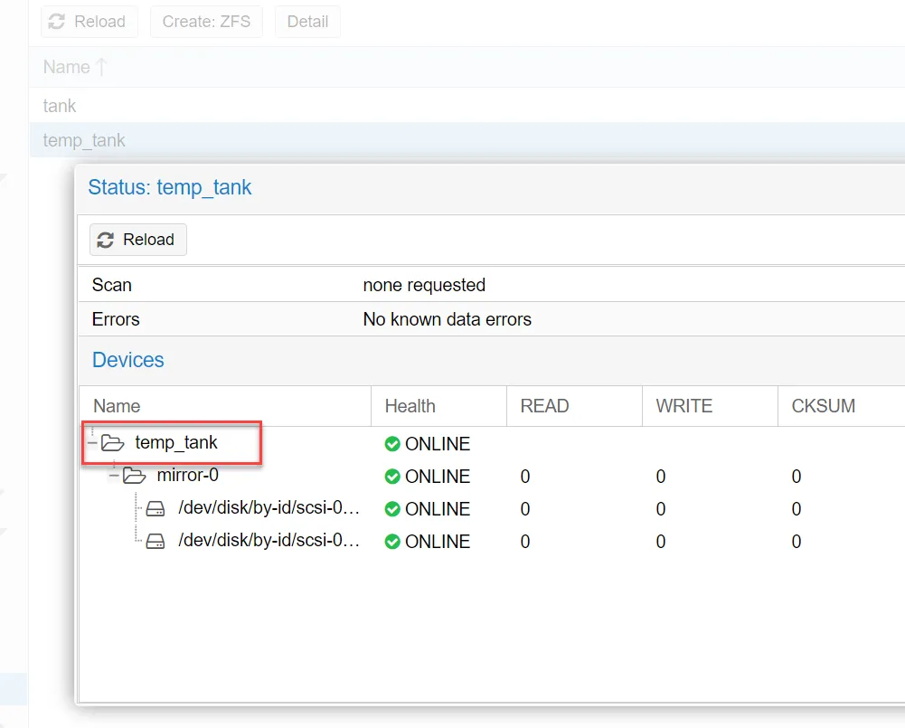 Proxmox ZFS view showing both tank and temp_tank pools, with temp_tank status open: a two-disk mirror, all members ONLINE